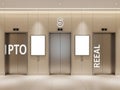 Three elevator doors with floor number 5, labeled \'lpo\', \'5\', and \'reeal\' Royalty Free Stock Photo