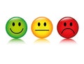 Three emoticon smiley rating buttons green to red