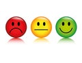 Three emoticon smiley rating buttons isolated on white background