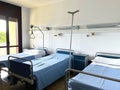 three empty beds in a hospital room