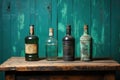 Three empty bottles sitting on top of a wooden table. Generative AI image