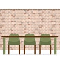 Three Empty Chairs With Long Table On Brick Wall