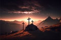 Three empty crosses on hilltop in the mountains, evening sunlight Royalty Free Stock Photo