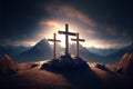 Three empty crosses on hilltop in the mountains, evening sunlight Royalty Free Stock Photo