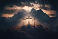 Three empty crosses on hilltop in the mountains, evening sunlight Royalty Free Stock Photo