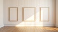 Contemporary Landscape Paintings: Three Empty Frames On White Wood Floor Royalty Free Stock Photo
