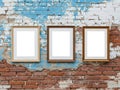 Three empty frames hanging on a distressed brick wall Royalty Free Stock Photo