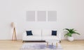 Three empty frames for mockup. Bright living room with white sofa with dark blue pillows, white modern lamp, plant, coffee table. Royalty Free Stock Photo