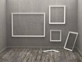 Three empty frames in a room