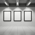 Three empty frames on a wall, isolated on white background Royalty Free Stock Photo
