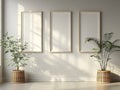 Three empty frames on a white wall. There are two potted plants in front of them Royalty Free Stock Photo