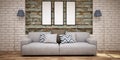 Three empty frames on wooden wall and sofa in light blue and grey color. Royalty Free Stock Photo