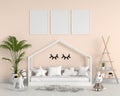 Three empty photo frame for mockup in child bedroom, 3D rendering Royalty Free Stock Photo