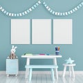 Three empty photo frame for mockup in child room, 3D rendering Royalty Free Stock Photo
