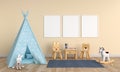 Three empty photo frame for mockup in child room, 3D rendering