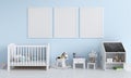 Three empty photo frame for mockup in child room, 3D rendering Royalty Free Stock Photo