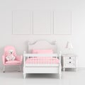 Three empty photo frame for mockup in white child bedroom, 3D rendering