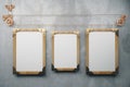 Three empty picture frame in the style of steampunk hanging on a Royalty Free Stock Photo
