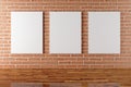Three empty picture frames canvases hanging in room on brick stone wall and wooden floor with copy space - portfolio, gallery or