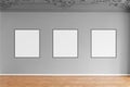 Three empty picture frames hanging on grey wall in gallery Royalty Free Stock Photo