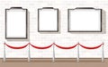 Three empty picture frames with stanchion museum exhibition background illustration