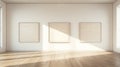 Contemporary Minimalist Art: Three Blank Canvas Frames In A White Empty Room