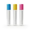 Three empty test tubes with colorful caps standing upright against a white background isolated on transparent background, isolated Royalty Free Stock Photo
