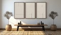 three empty wall frames on off white wall and table generative AI Royalty Free Stock Photo