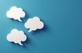 Three empty white speech bubbles float on plain blue background. Identical in shape, casting subtle shadows, suggesting Royalty Free Stock Photo