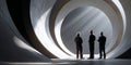 Three engineers in safety helmets inspecting large circular concrete tunnel with dramatic light beams and shadows Royalty Free Stock Photo
