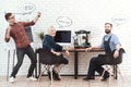 Three engineers work with a 3d printer in a modern laboratory. They have conversational clouds over their heads.