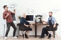 Three engineers work with a 3d printer in a modern laboratory. They have conversational clouds over their heads. Royalty Free Stock Photo