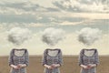 Three equal persons hiding his face with a cloud Royalty Free Stock Photo