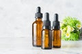 three essential oil dropper bottles with chamomile flowers out of focus in the background Royalty Free Stock Photo