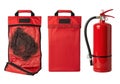 Red fire safety equipment including extinguisher and hose reel for emergency preparedness Royalty Free Stock Photo