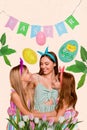 Three excited affectionate girls elder sister and two little siblings hugging meet family dinner Easter party gathering
