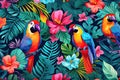 three exotic parrots hidden in a tropical flower wimmelpicture