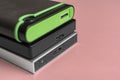 the three external hdd drives one the shelf, data backup storage Royalty Free Stock Photo