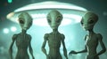 Three extraterrestrial beings illuminated in intense light with ufo hovering in the distance Royalty Free Stock Photo