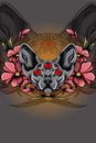 Three eyed cat with flowers vector illustration