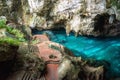 Three eyes cave in Santo Domingo, los Tres Ojos national park, Dominican Republic. Outdoor travel background