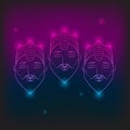 Three faces with beard in crown with neon light and glare on isolated background. Vector image Royalty Free Stock Photo