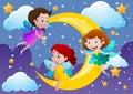 Three fairies flying over the moon