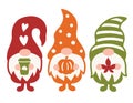 Three Fall Gnomes Holding Pumpkin, Maple Leaf, and Coffee Vector Illustration