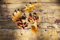 Three fallen yellow oak tree leaves and red acorns on old wooden board background close up, golden autumn foliage on bench in park Royalty Free Stock Photo