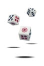 Three falling white casino dice on white background. Close up. Gambling concept. Royalty Free Stock Photo