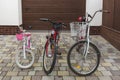 Three family bikes stand in the yard