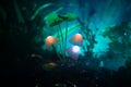 Three fantasy glowing mushrooms in mystery dark forest close-up. Beautiful macro shot of magic mushroom or three souls lost in ava Royalty Free Stock Photo