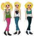 Three fashion style cartoon doodle girls