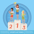 Three female athletes with trophy and medals on pedestal. Royalty Free Stock Photo